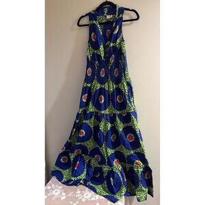 African Stars Maxi Dress Womens OS‎ Blue Green Cotton Wax Print Smocked Tiered